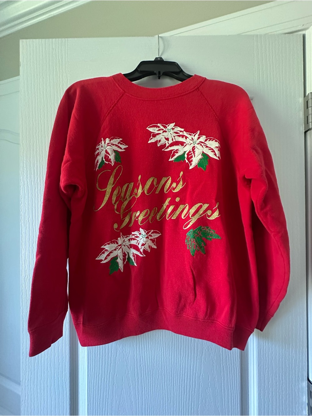 Vintage Hanes Red Crewneck Sweater with Gold Script and White Poinsettias